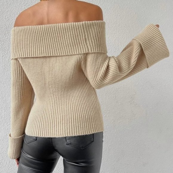 Khaki Preppy Womens off shoulder Sweater - Picture 2 of 5
